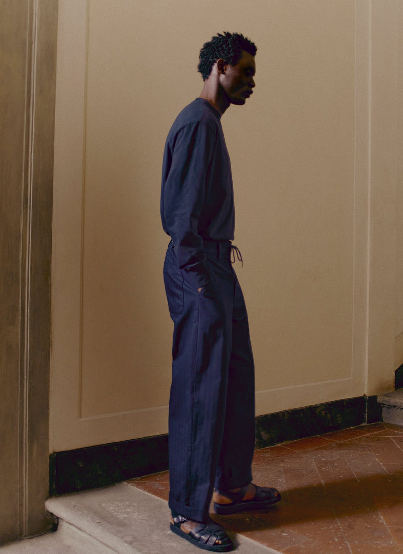 Cotton Wool Herringbone Wide Leg Pants | Black