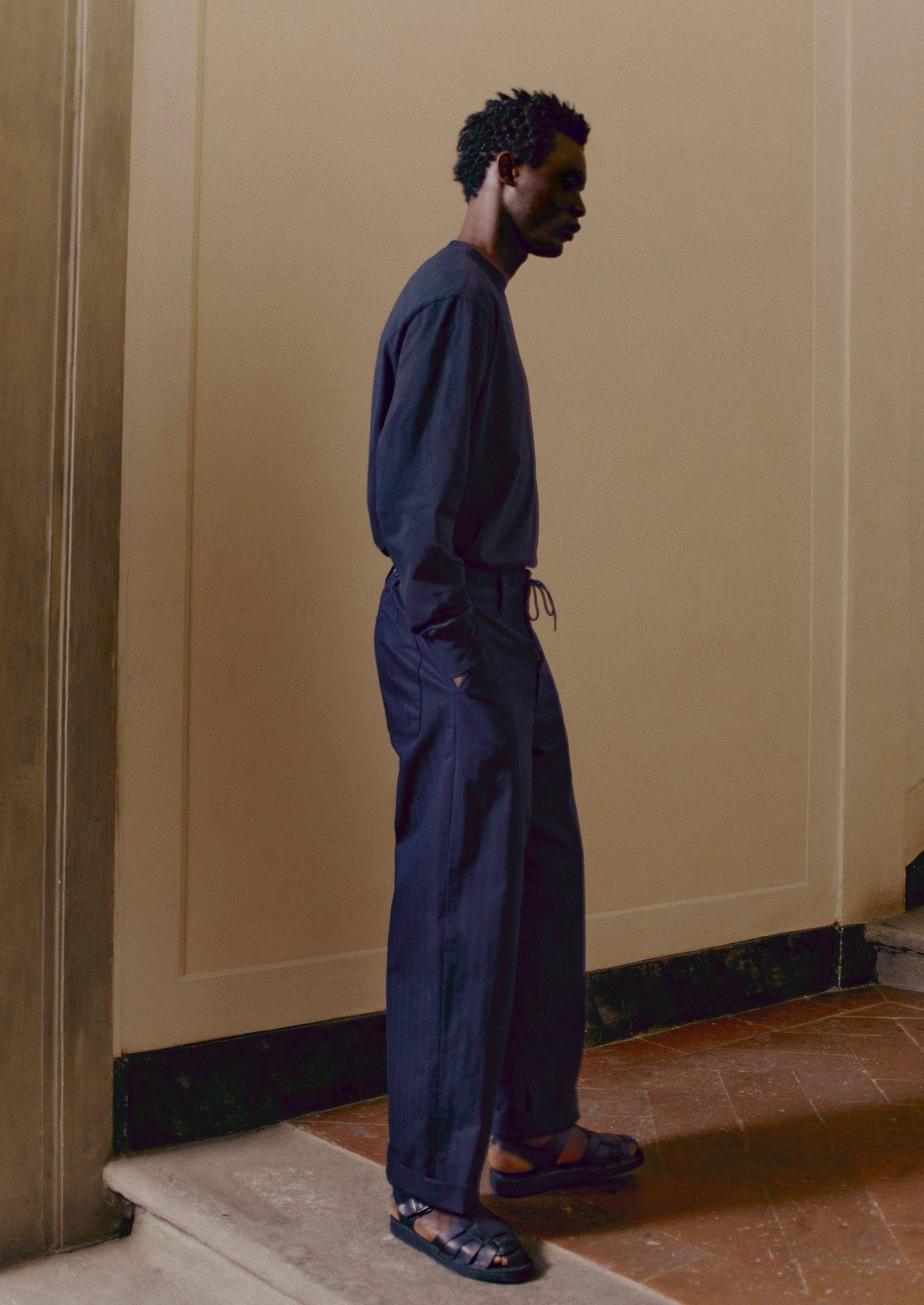 Cotton Wool Herringbone Wide Leg Pants | Black