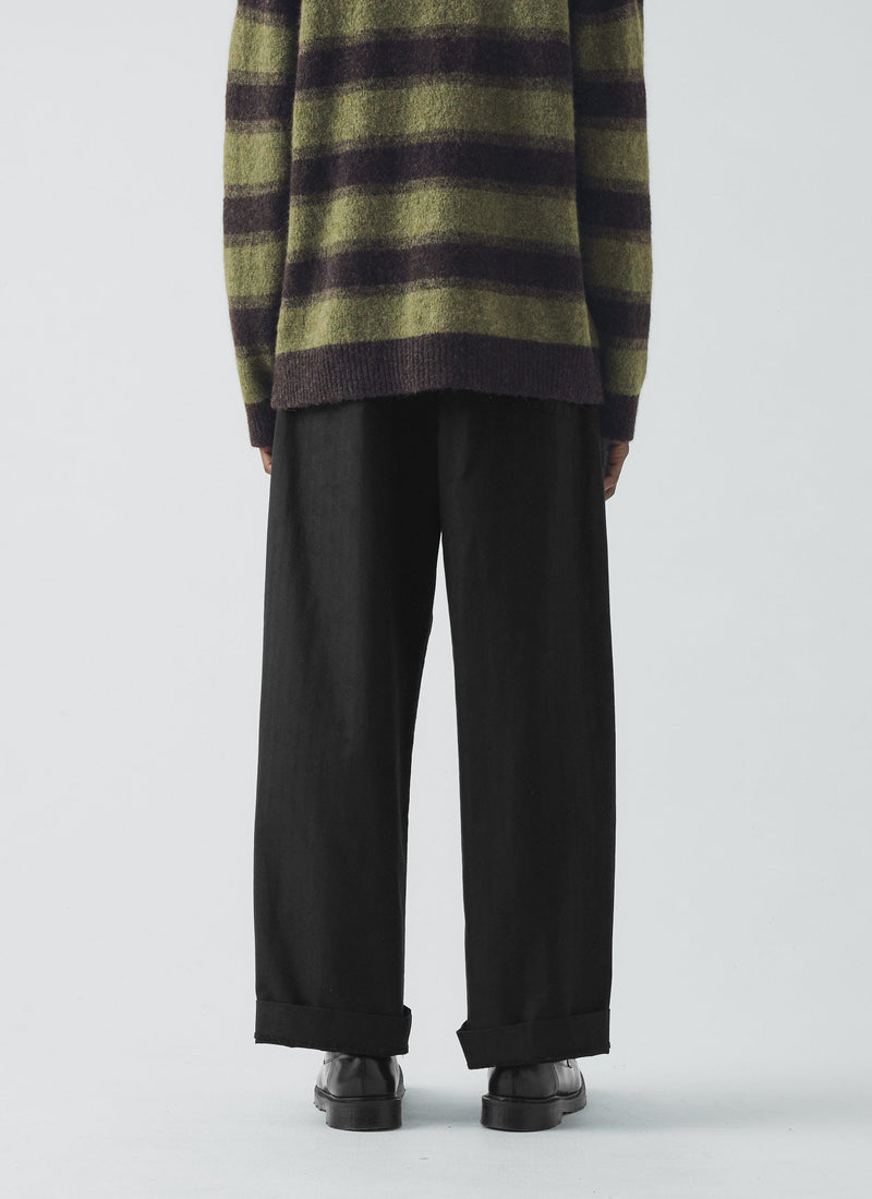 Cotton Wool Herringbone Wide Leg Pants | Black