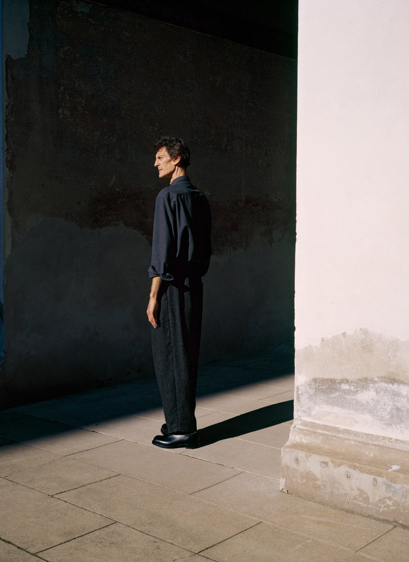 Wool Broken Herringbone Pleat Pants | Charcoal Mouline
