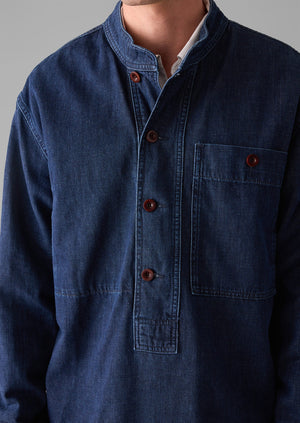 Grandad Collar Half Placket Denim Shirt | Indigo