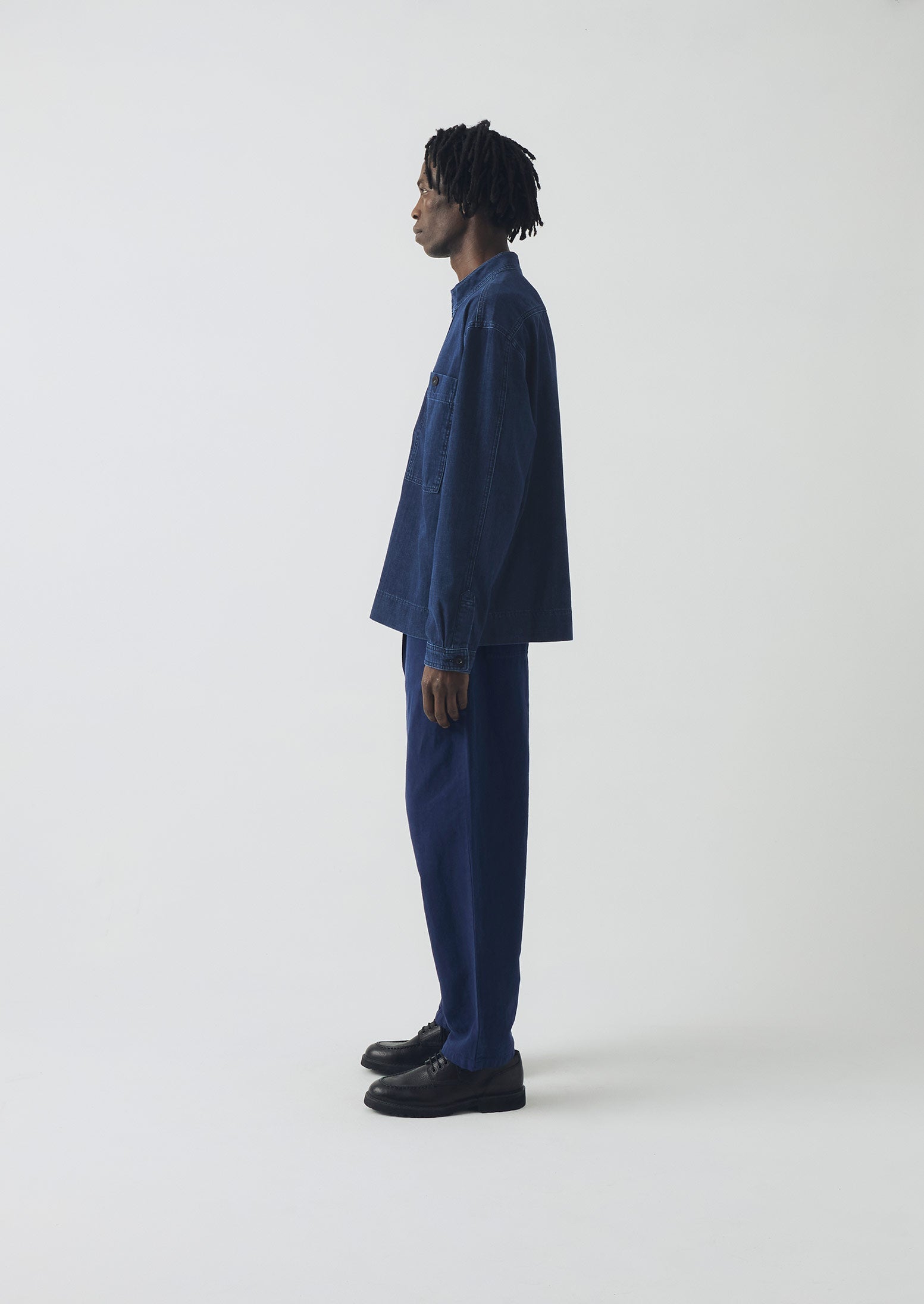 Grandad Collar Half Placket Denim Shirt | Indigo | TOAST