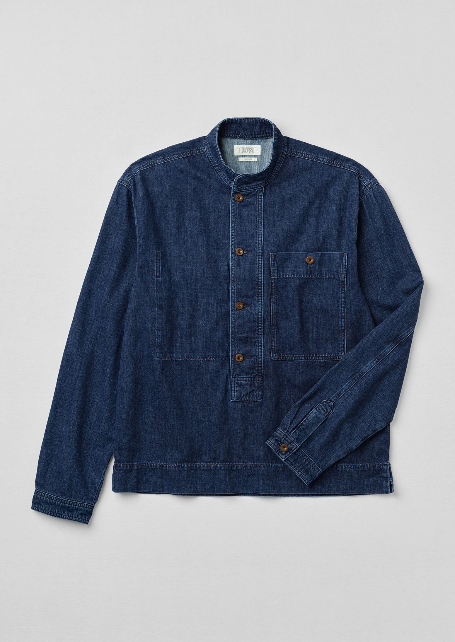 Grandad Collar Half Placket Denim Shirt | Indigo | TOAST