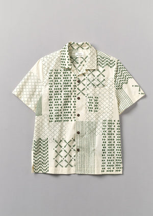 Patchwork Block Print Short Sleeve Shirt | Green/Ecru