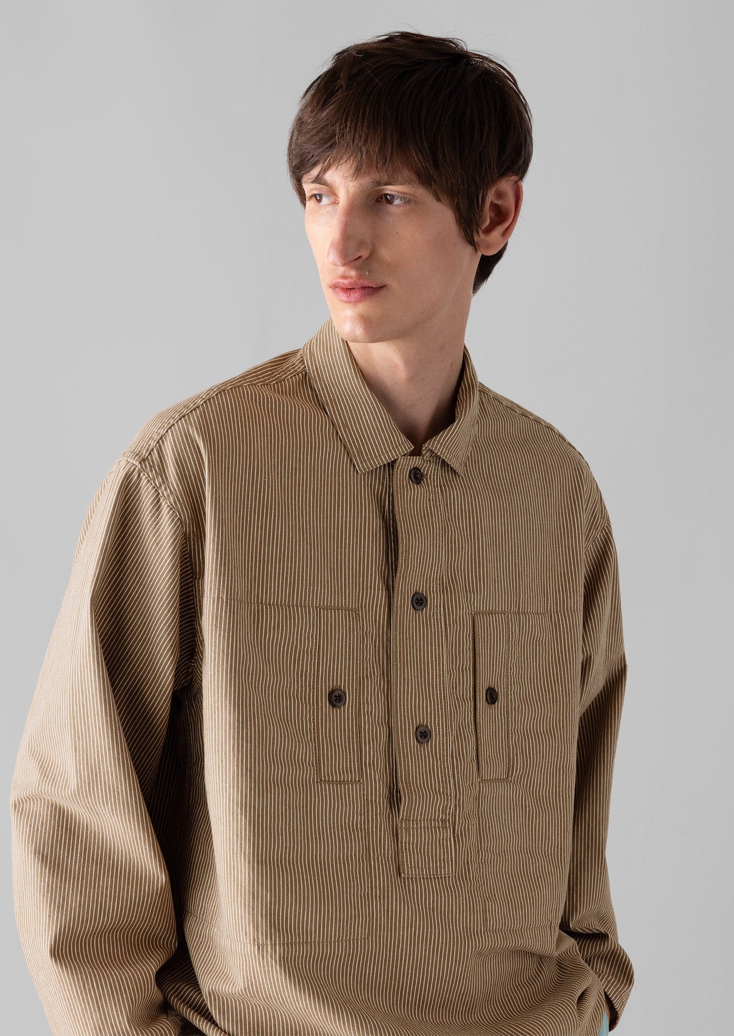 Half Placket Stripe Workwear Shirt | Ecru/Brown