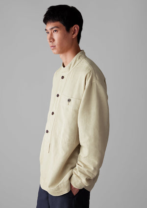 Grandad Collar Half Placket Cotton Linen Shirt | Stone