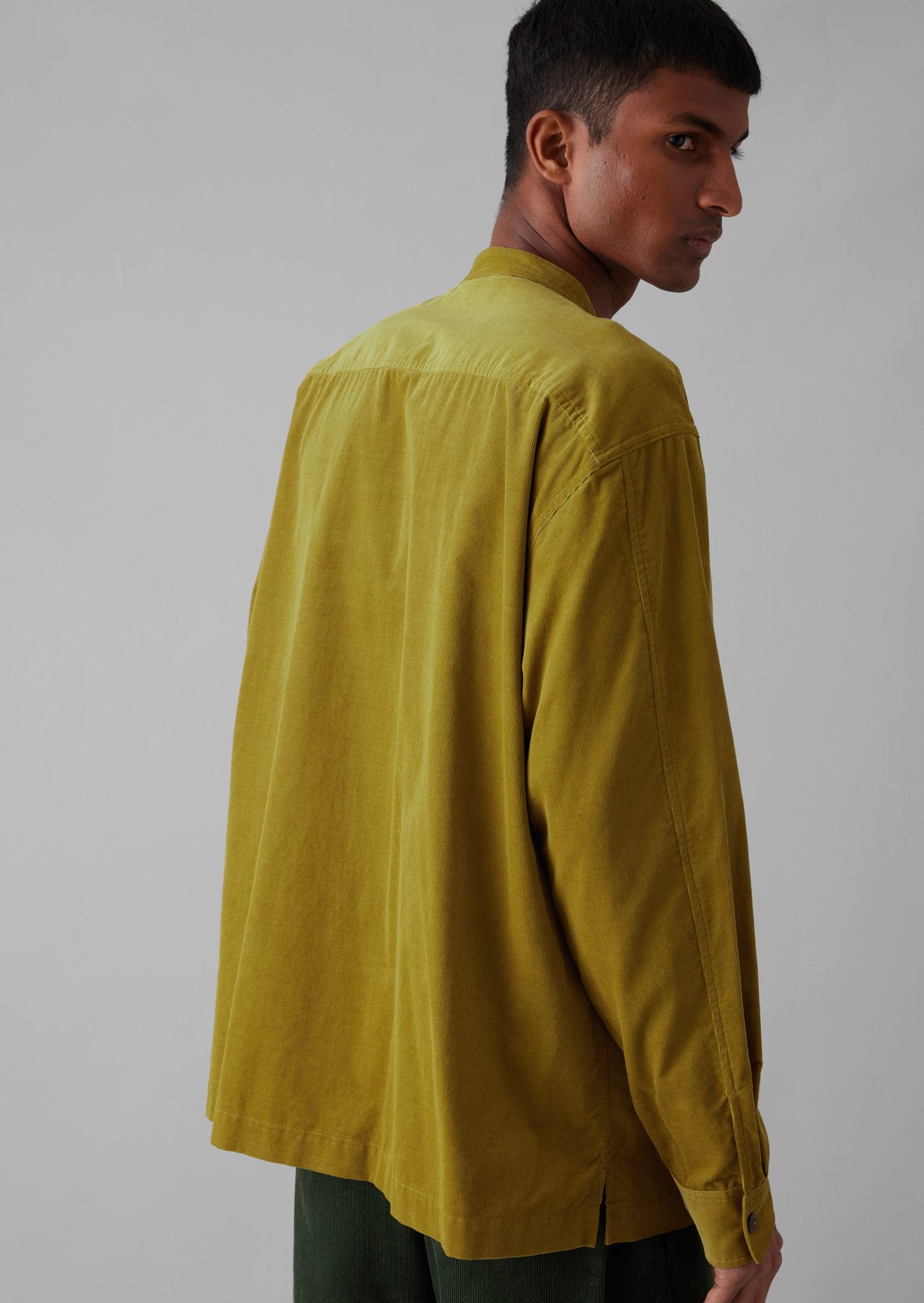 Dropped Shoulder Organic Cord Grandad Shirt | Golden Olive