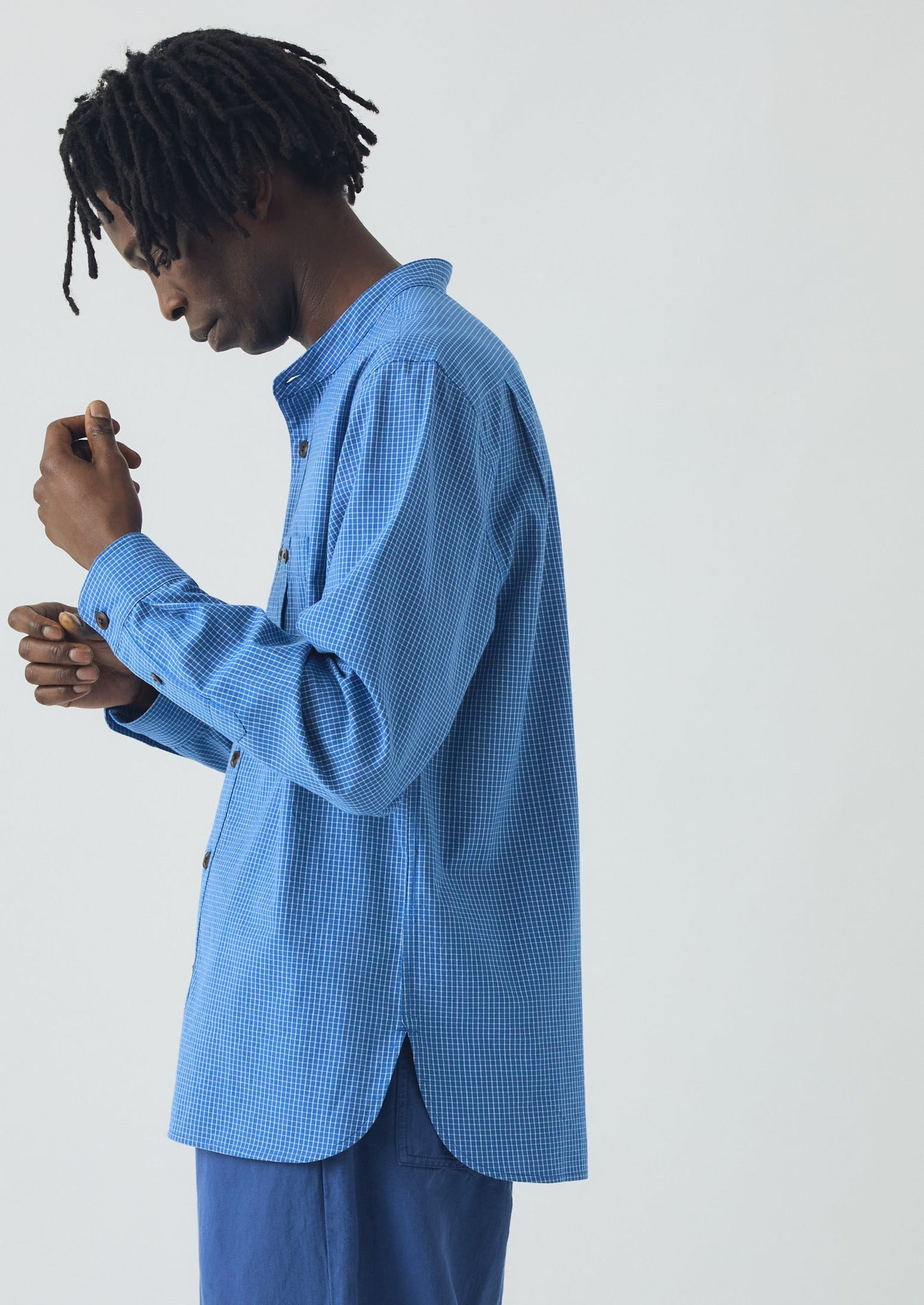 Check Cotton Grandad Collar Shirt | Mid Blue