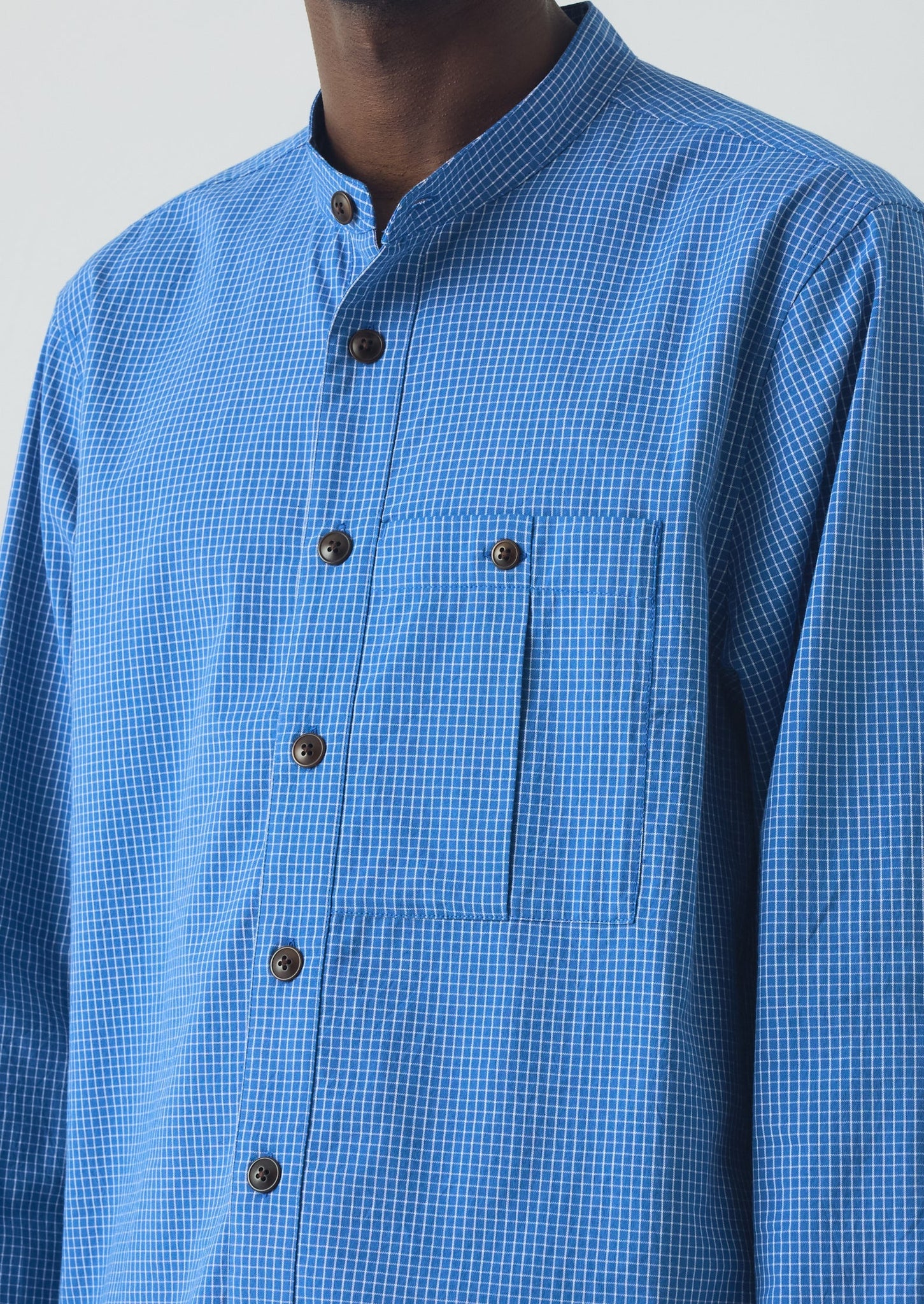 Check Cotton Grandad Collar Shirt | Mid Blue