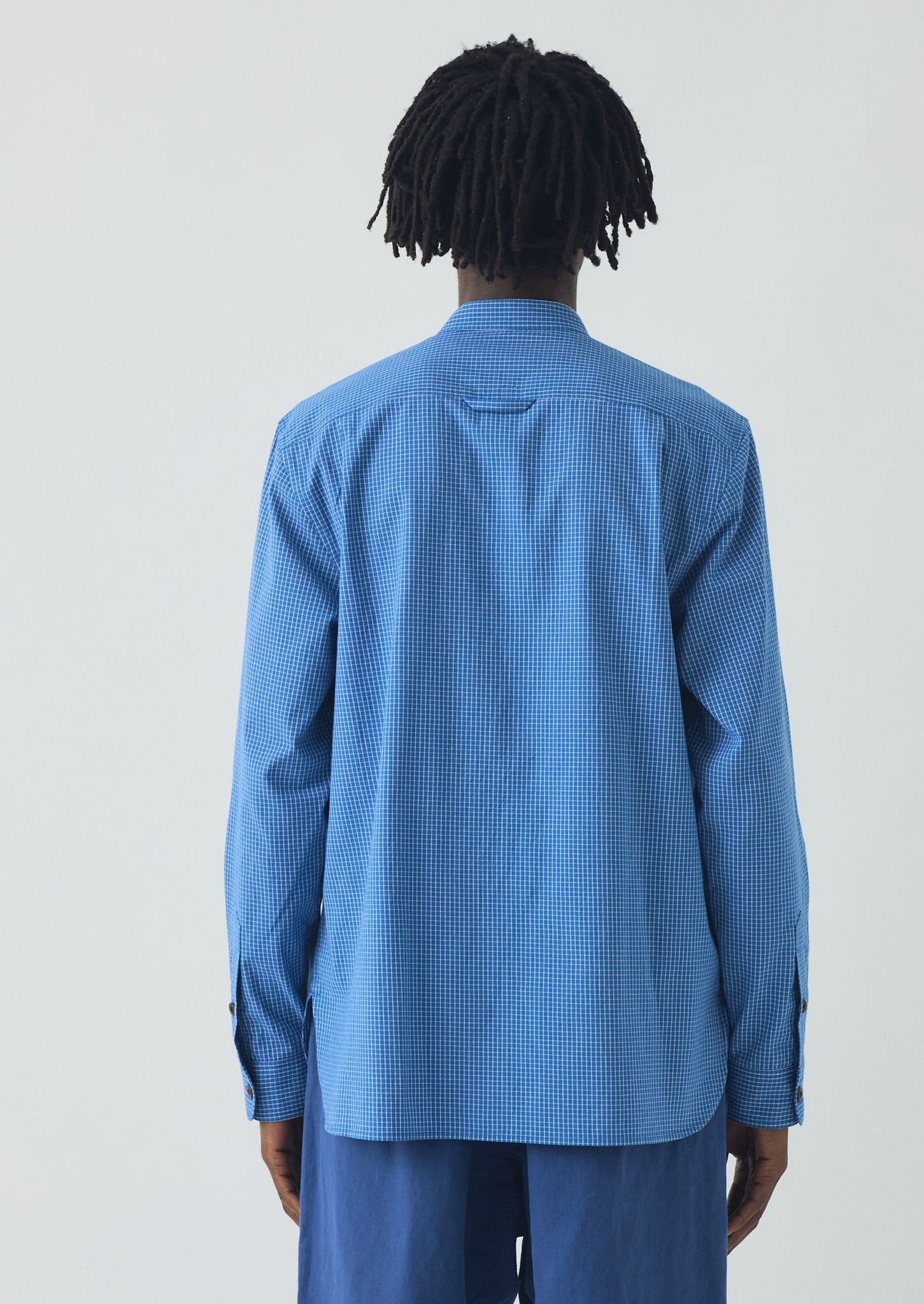 Check Cotton Grandad Collar Shirt | Mid Blue