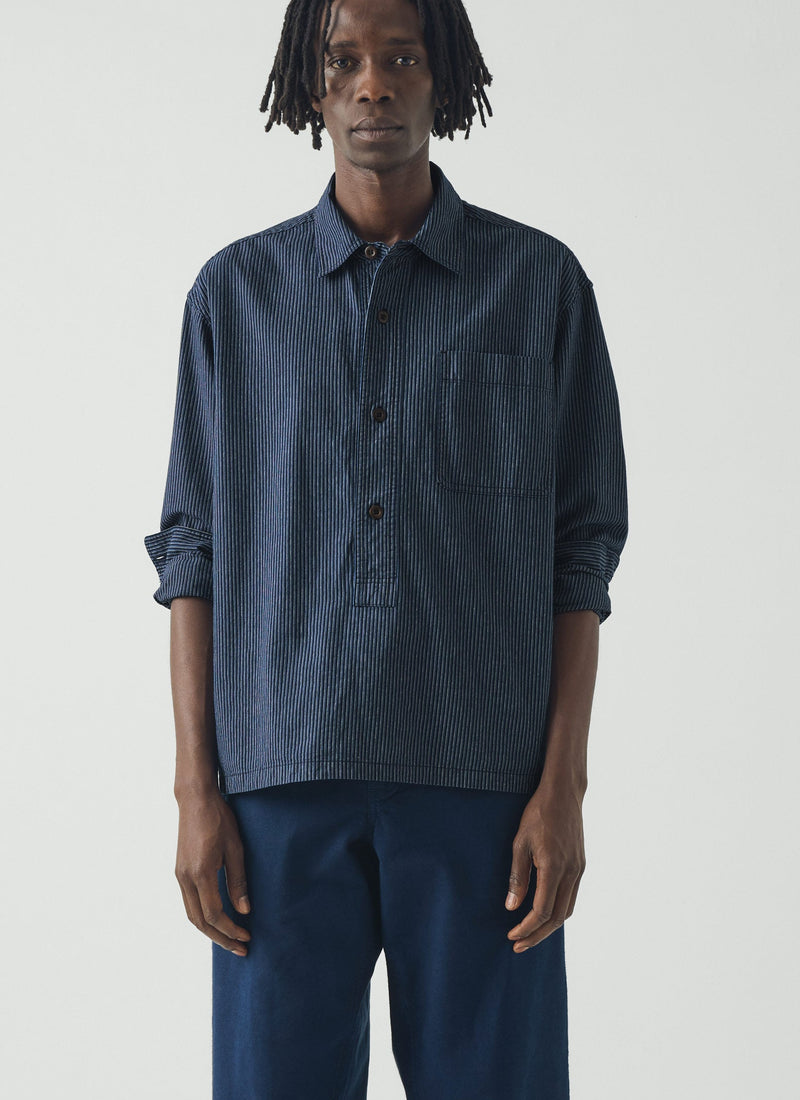 Railroad Stripe Cotton Shirt | Denim Blue