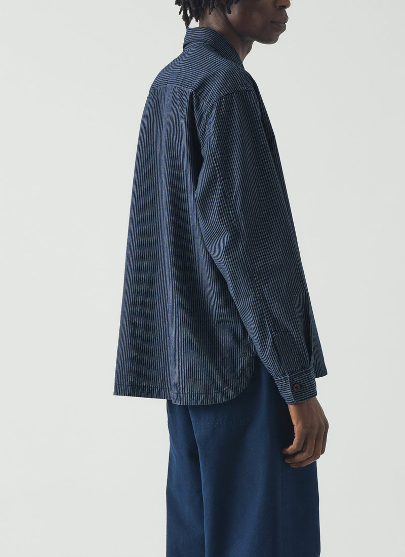 Railroad Stripe Cotton Shirt | Denim Blue
