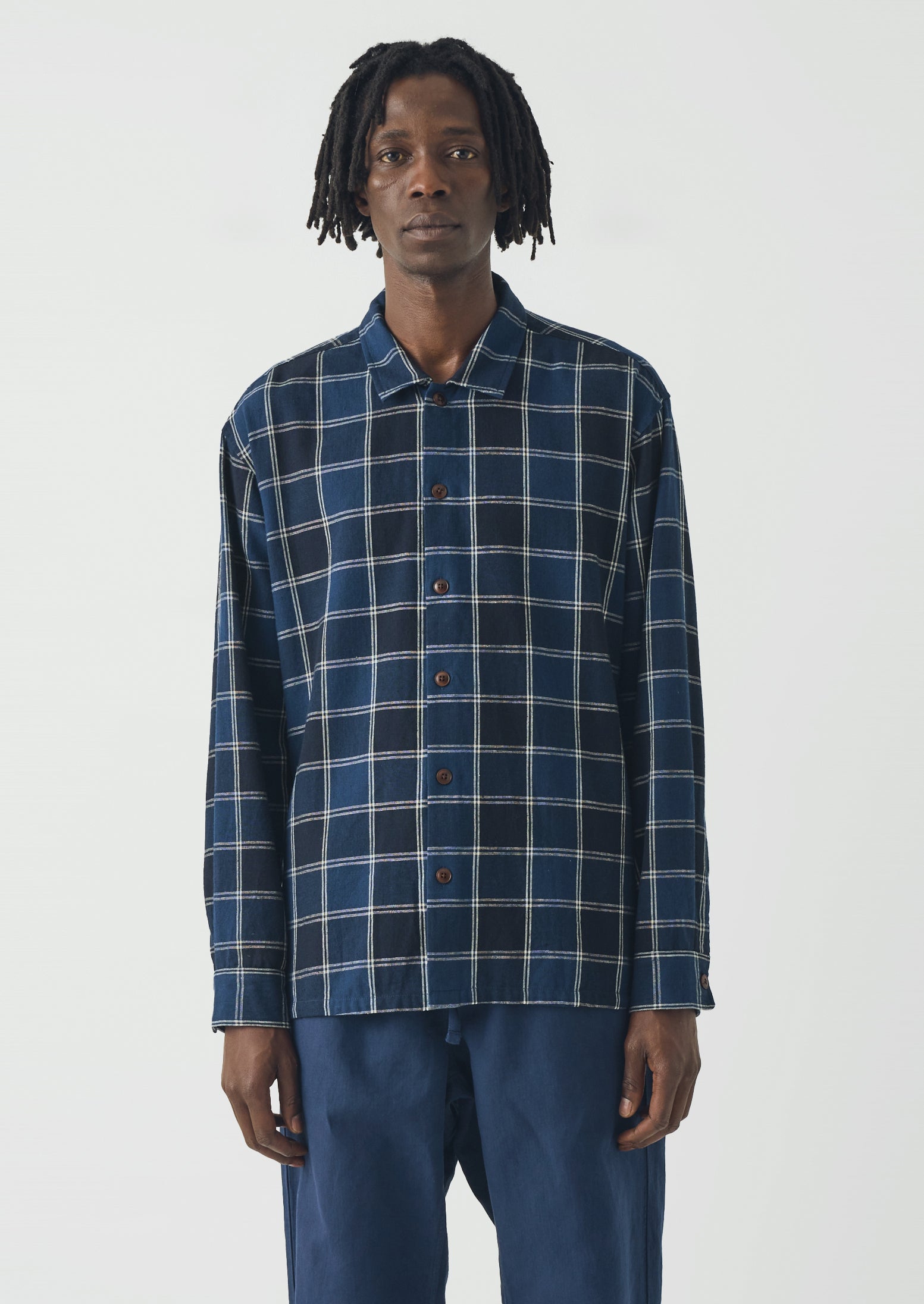 Market Check Cotton Linen Easy Shirt | Denim Blue | TOAST