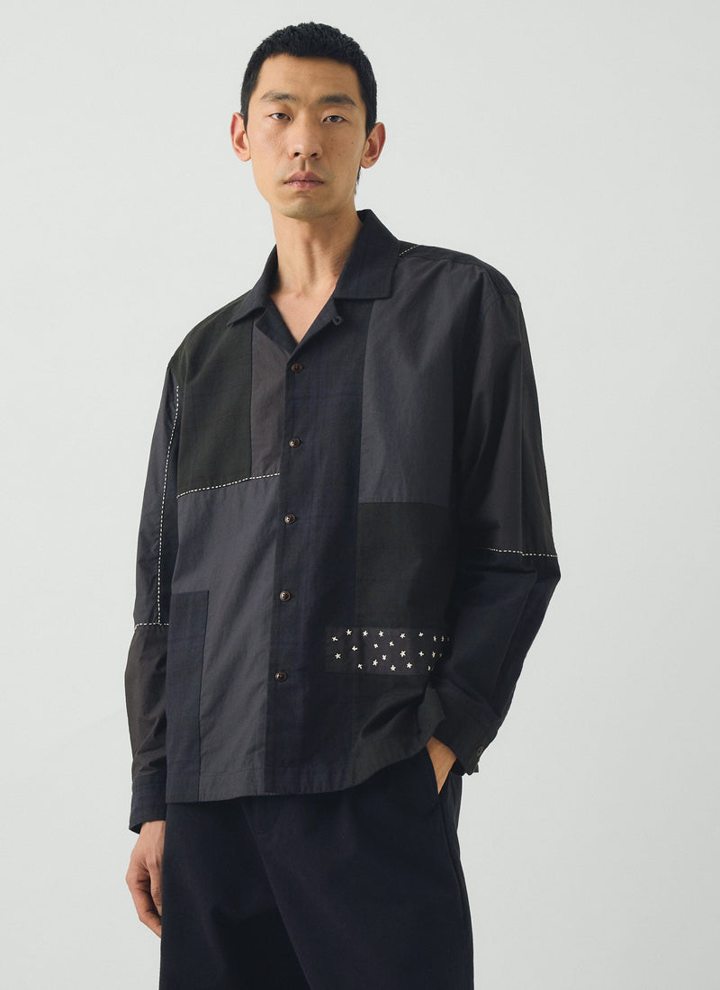 Camp Collar Patchwork Embroidered Shirt | Black Multi