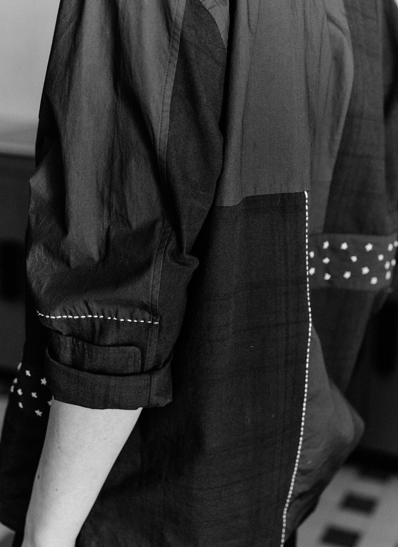 Camp Collar Patchwork Embroidered Shirt | Black Multi
