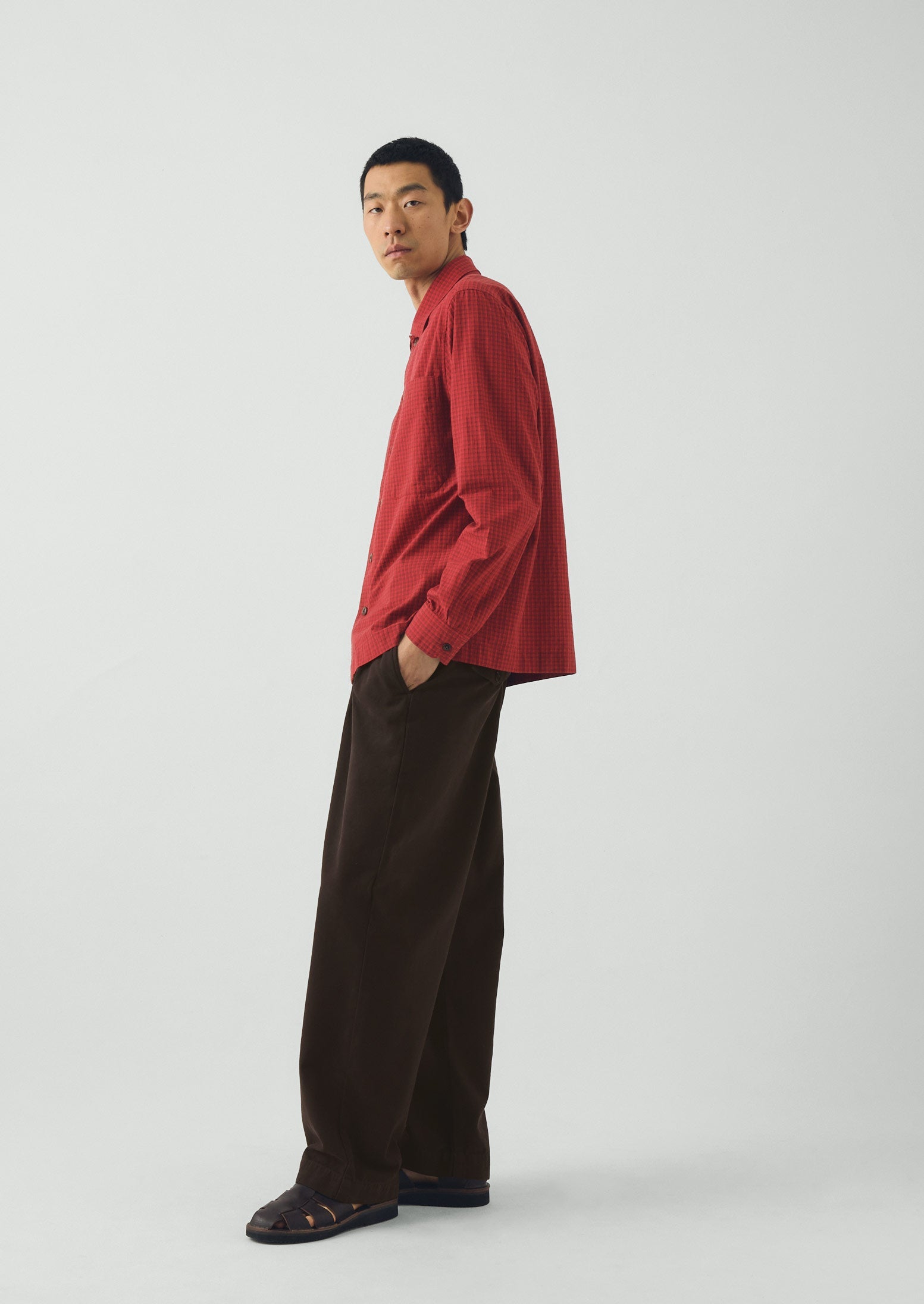 Graph Paper Check Cotton Shirt | Vibrant Red/Slate | TOAST