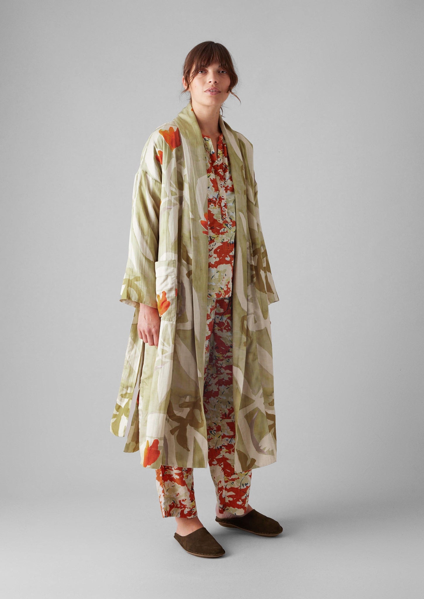 Watercolour Floral Cotton Silk Gown | Sage