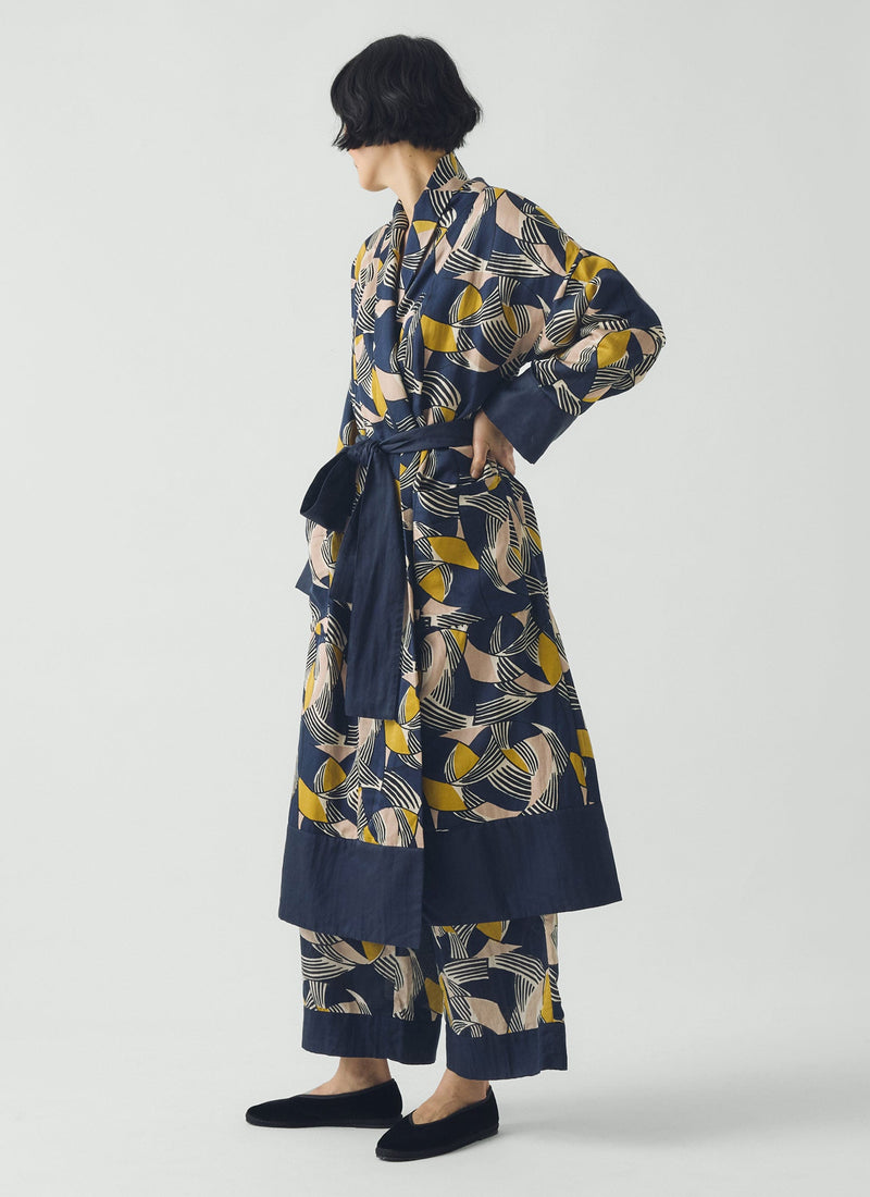 Deco Geo Cotton Silk Gown | Prussian Blue