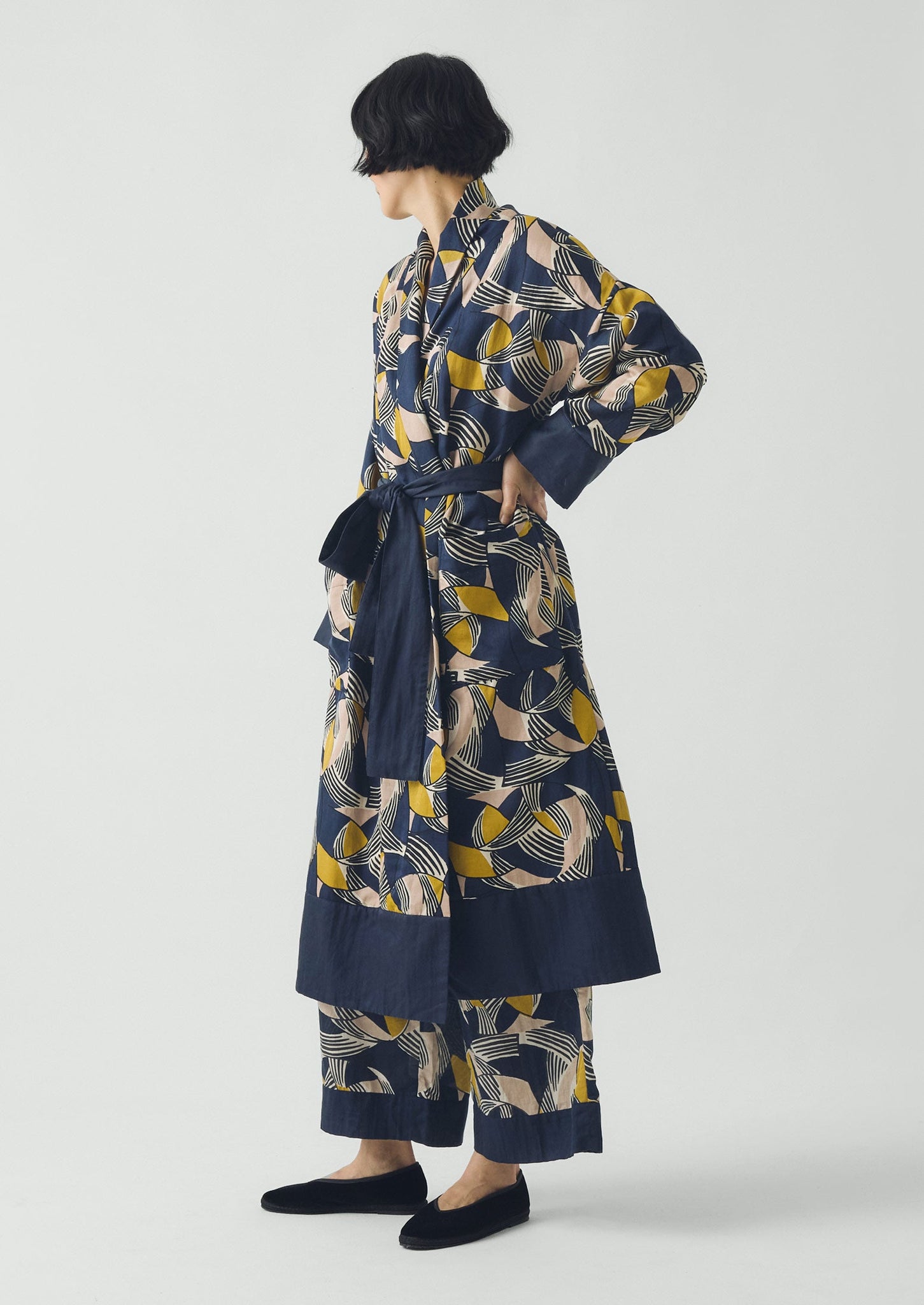 Deco Geo Cotton Silk Gown | Prussian Blue