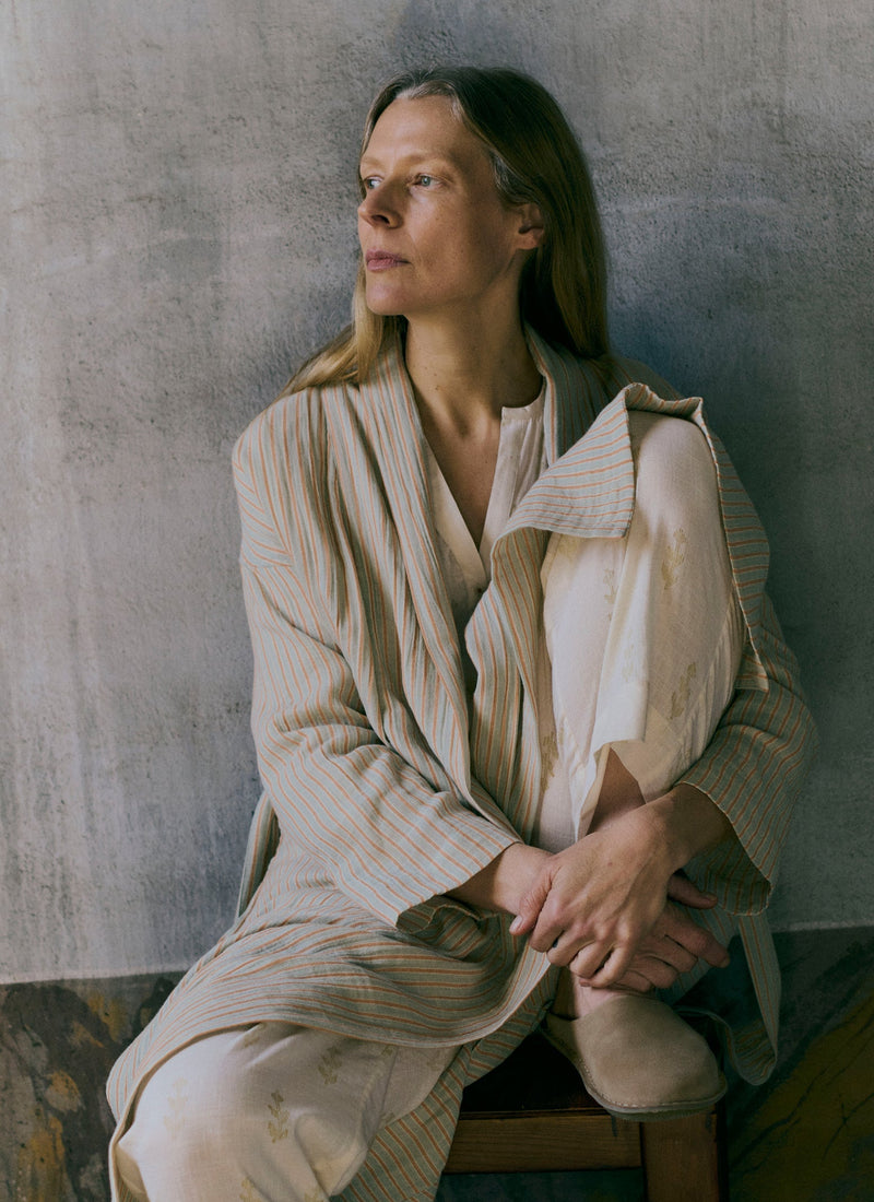 Stripe Crinkle Cotton Gown | Sage/Apricot
