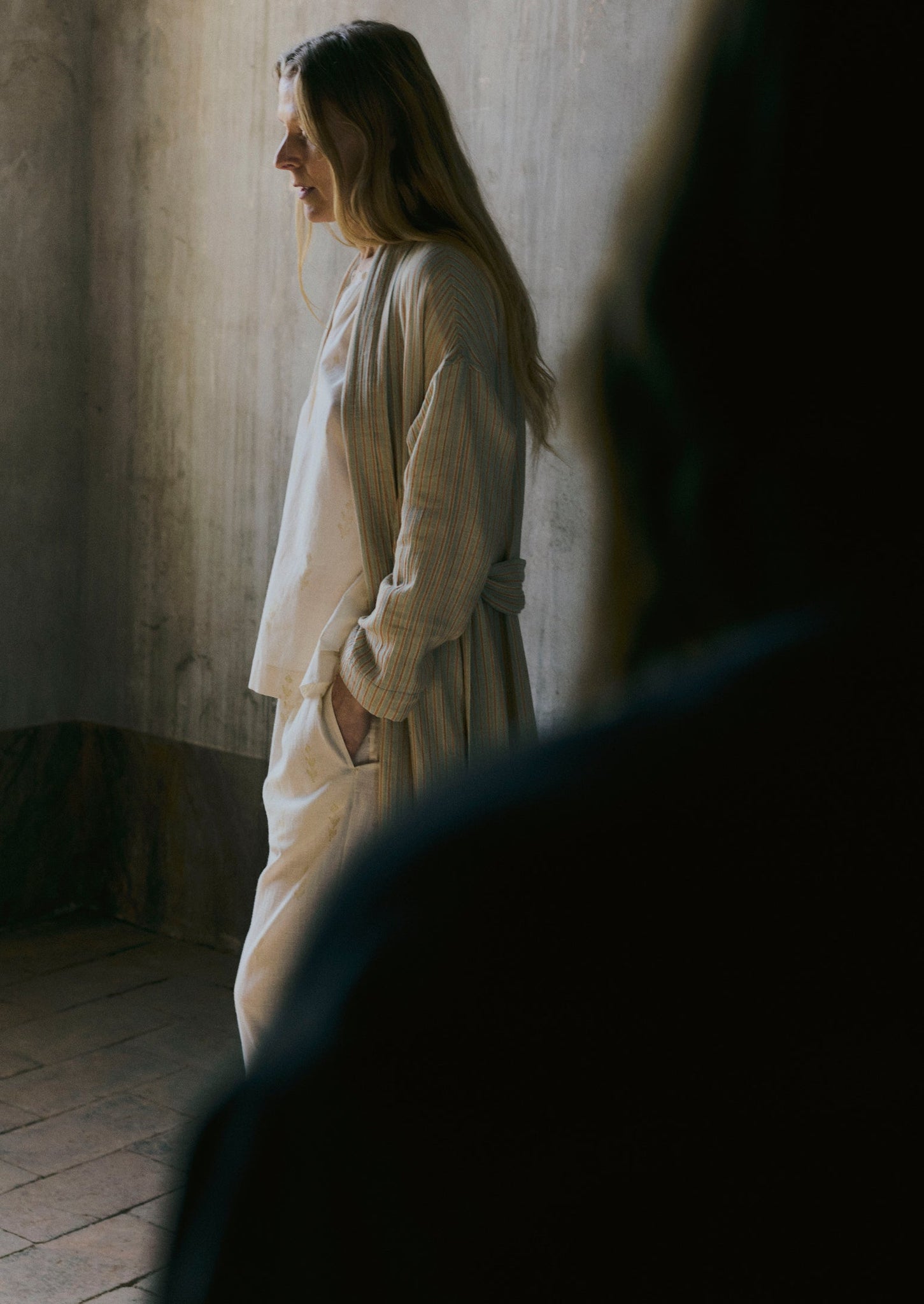 Stripe Crinkle Cotton Gown | Sage/Apricot