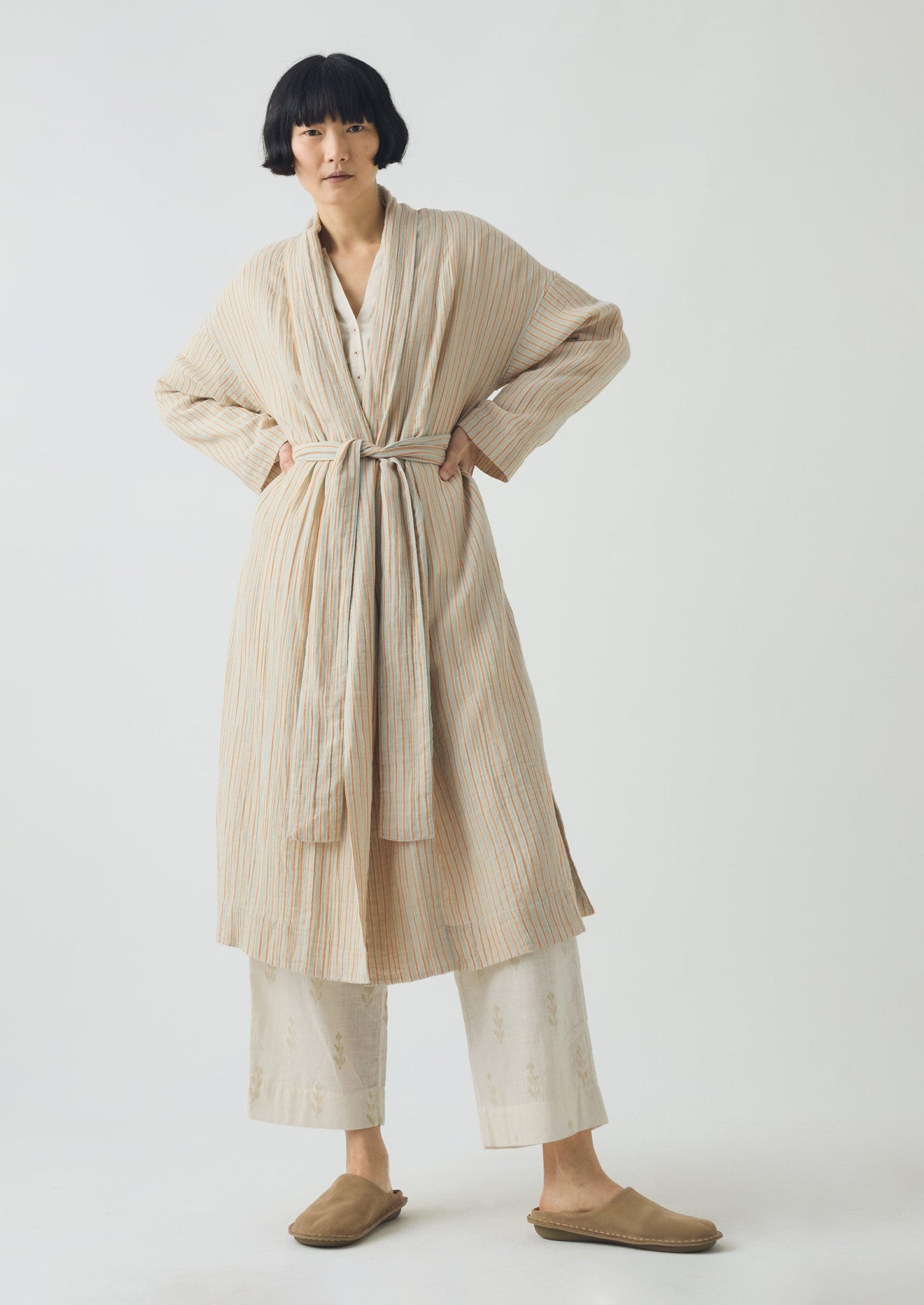 Stripe Crinkle Cotton Gown | Sage/Apricot