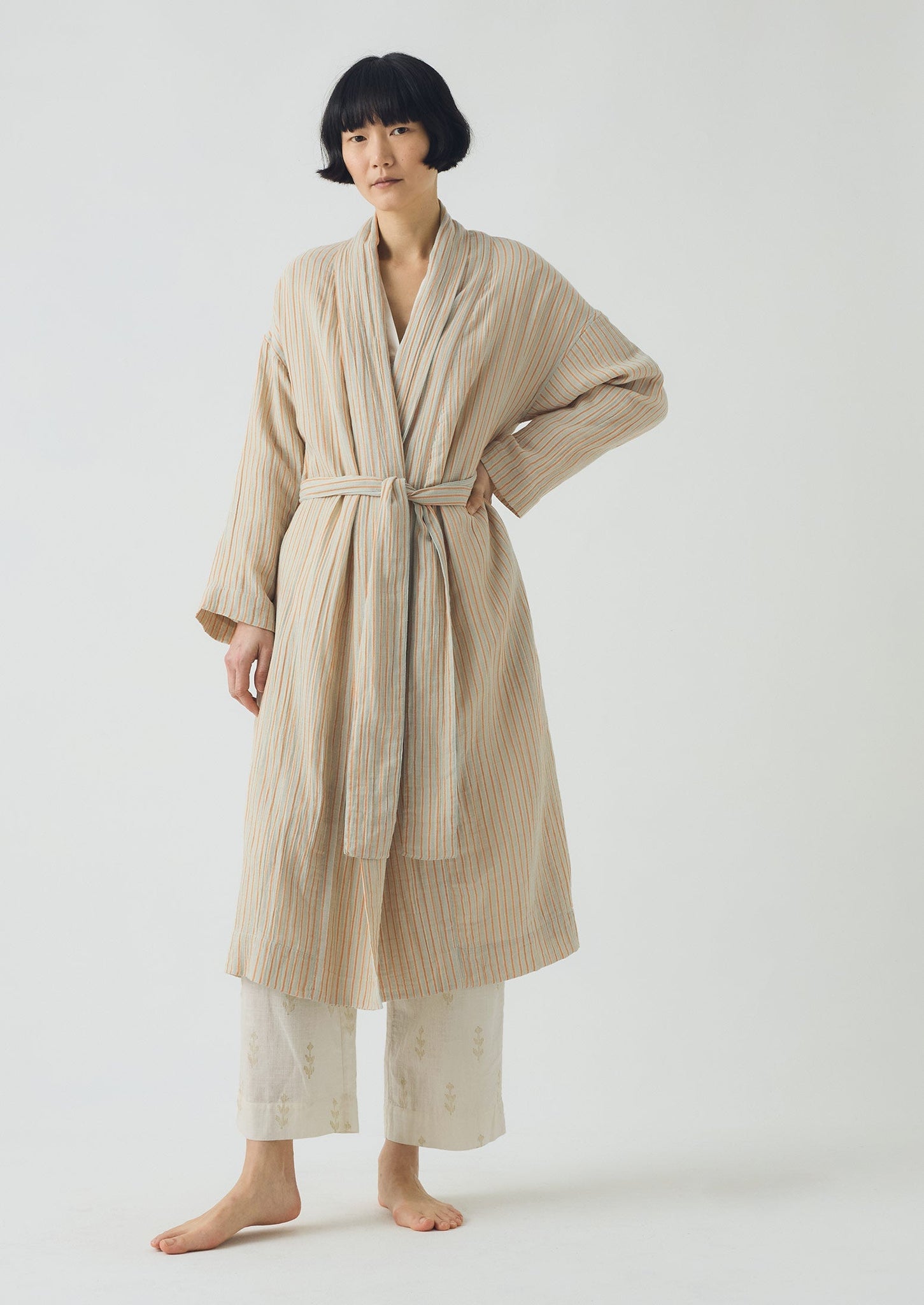 Stripe Crinkle Cotton Gown | Sage/Apricot