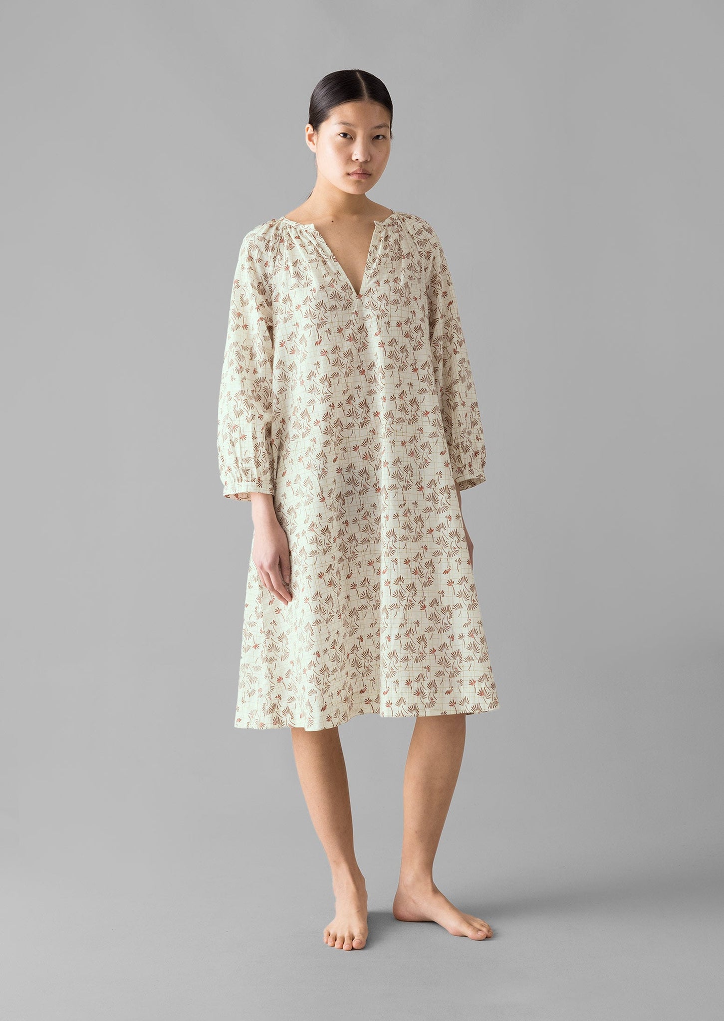 Trellis Floral Block Print Nightdress | Ecru/Coral