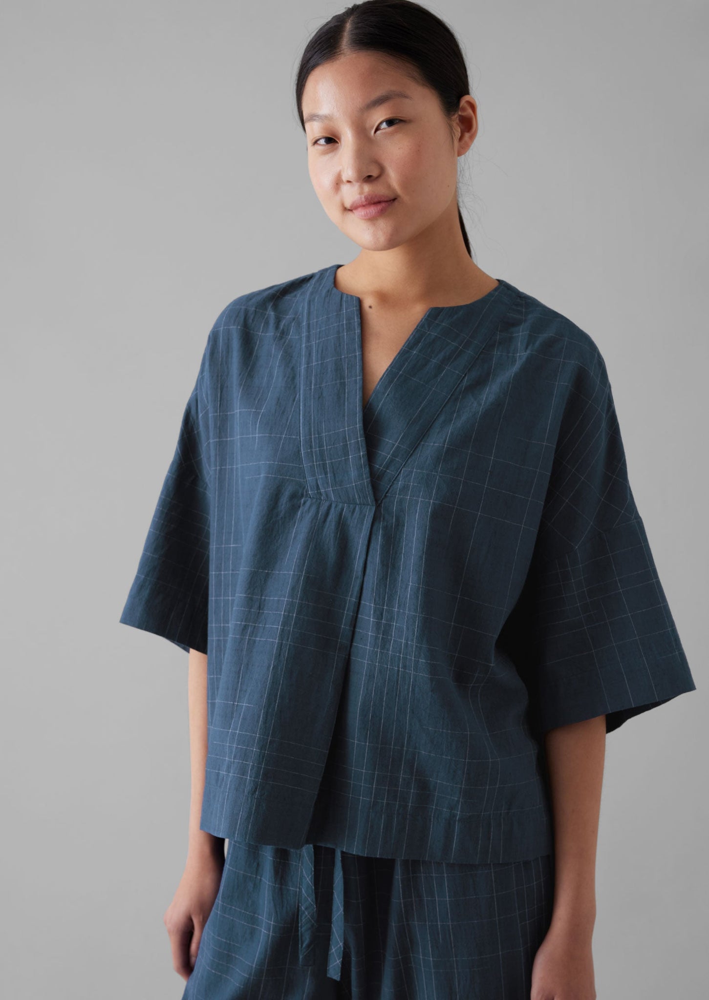 Sketched Check Cotton Pajama Top | Twilight/Ecru