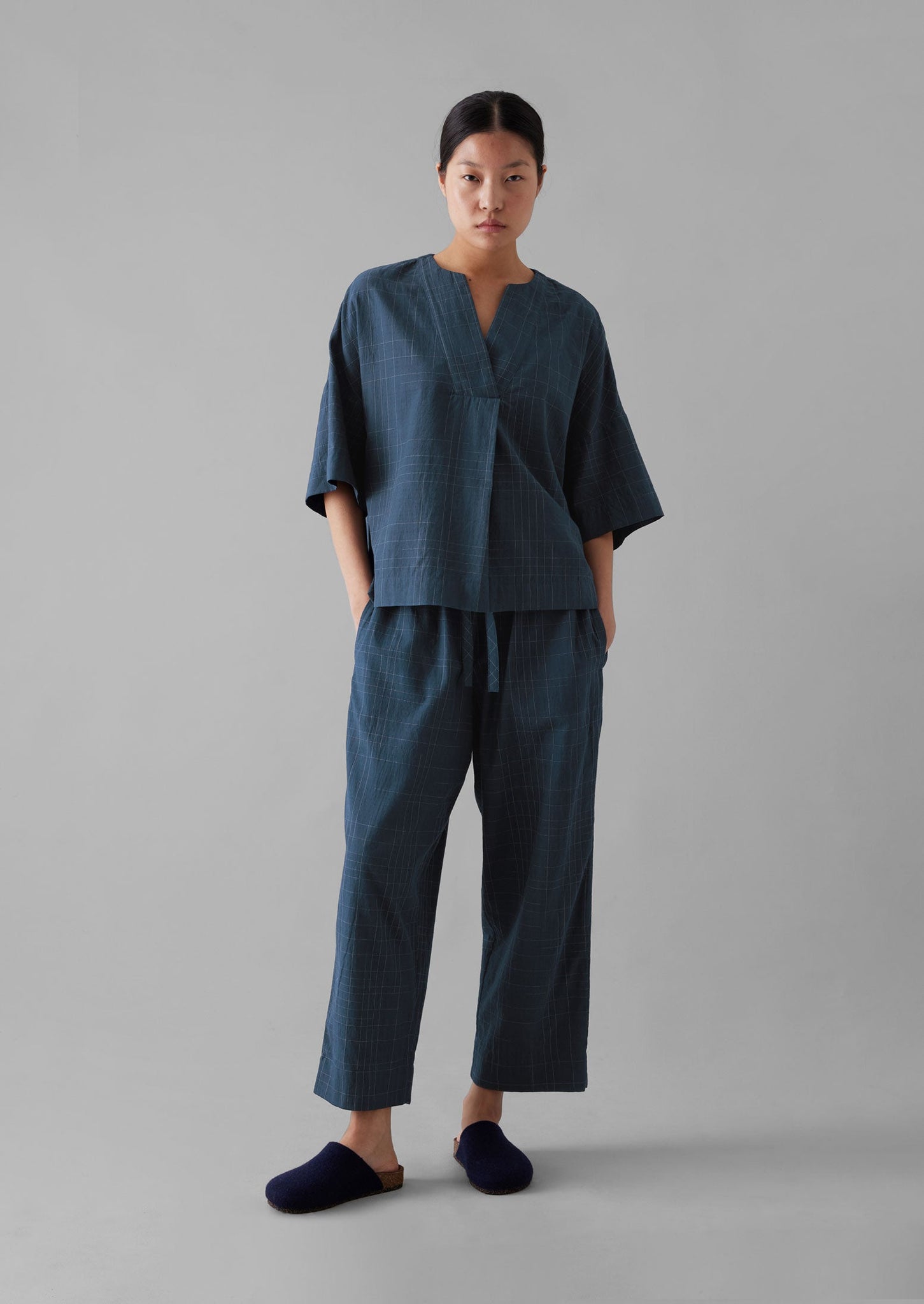 Sketched Check Cotton Pajama Top | Twilight/Ecru