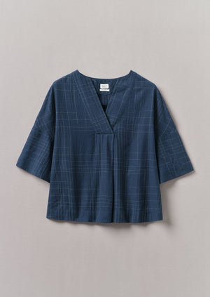 Sketched Check Cotton Pajama Top | Twilight/Ecru