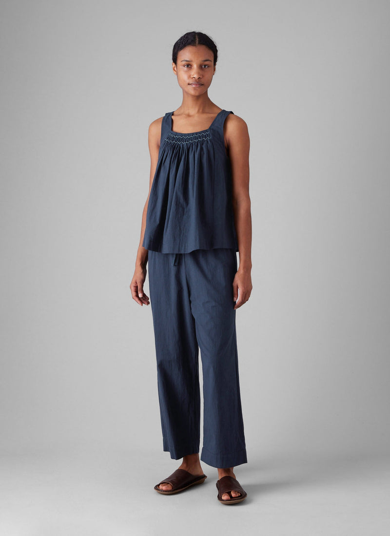 Smocked Cotton Poplin Pajamas | Midnight