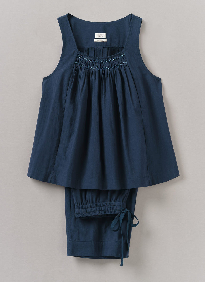 Smocked Cotton Poplin Pajamas | Midnight