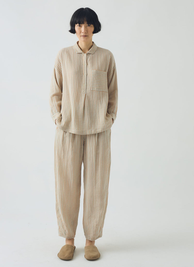 Stripe Crinkle Cotton Pajama Set | Sage/Apricot