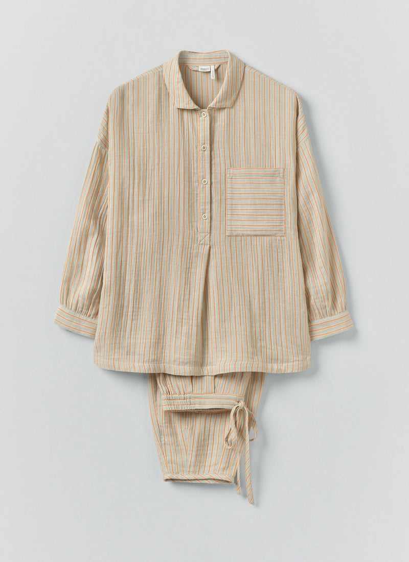 Stripe Crinkle Cotton Pajama Set | Sage/Apricot