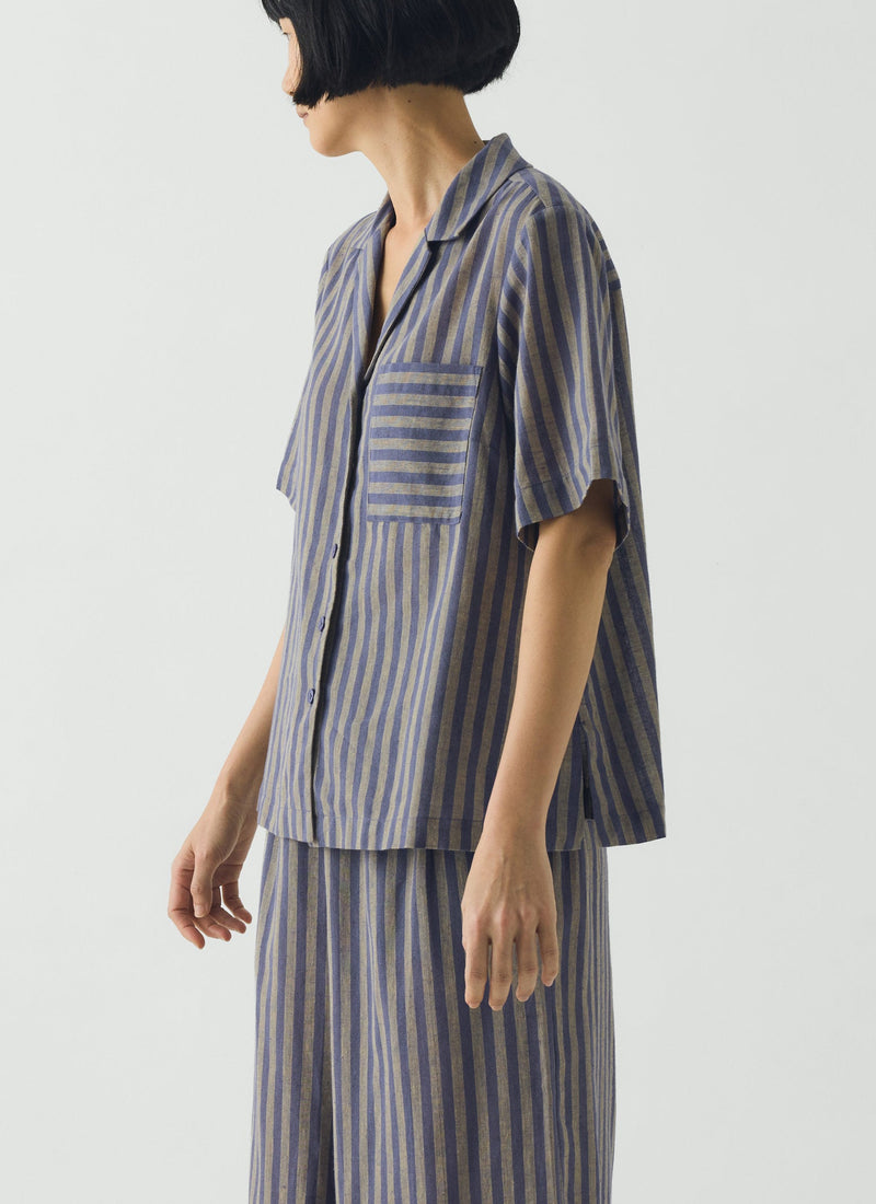 Awning Stripe Cotton Linen Pajama Top | Catkin/Denim Blue