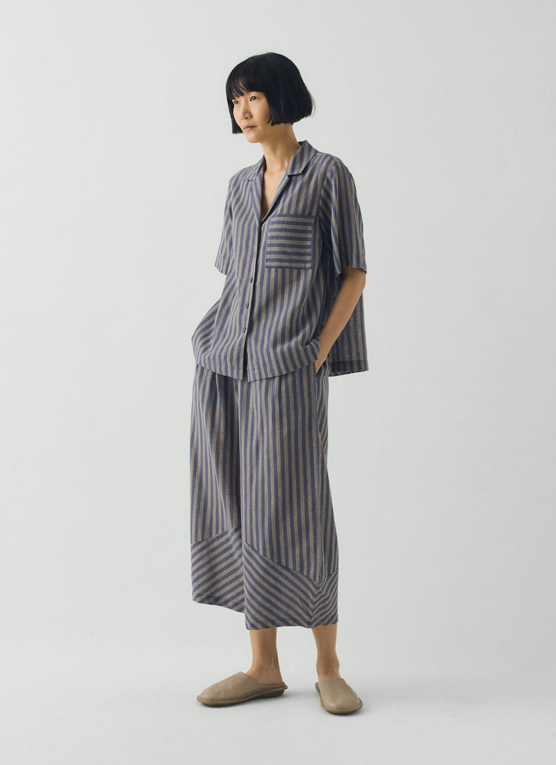 Awning Stripe Cotton Linen Pajama Top | Catkin/Denim Blue