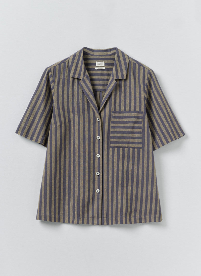 Awning Stripe Cotton Linen Pajama Top | Catkin/Denim Blue