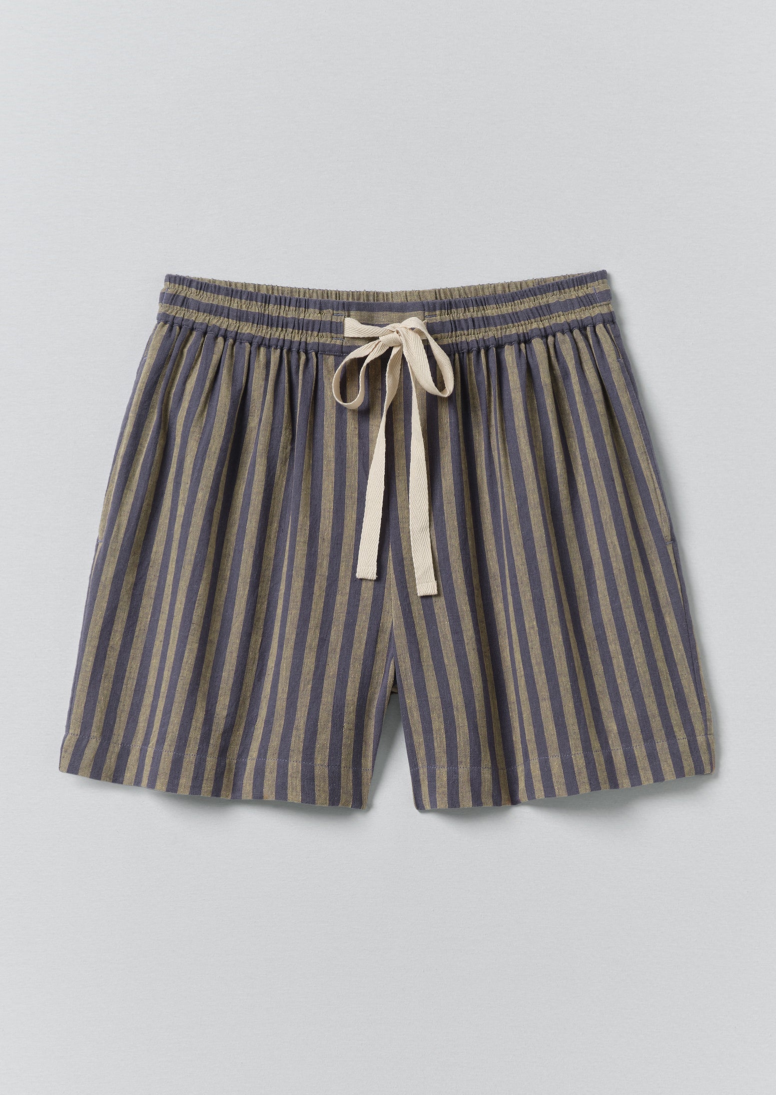 Awning Stripe Cotton Linen Pajama Shorts | Catkin/Denim Blue