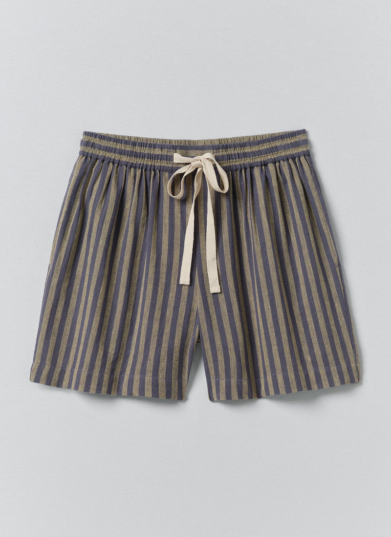Awning Stripe Cotton Linen Pajama Shorts | Catkin/Denim Blue