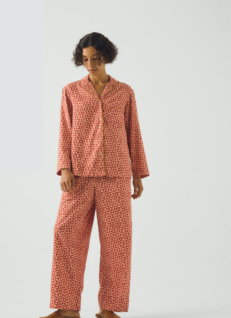 Cut Out Geo Print Flannel Pyjamas | Orange Rust/Peach