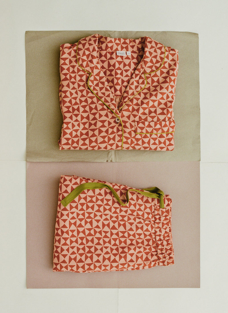 Cut Out Geo Print Flannel Pyjamas | Orange Rust/Peach