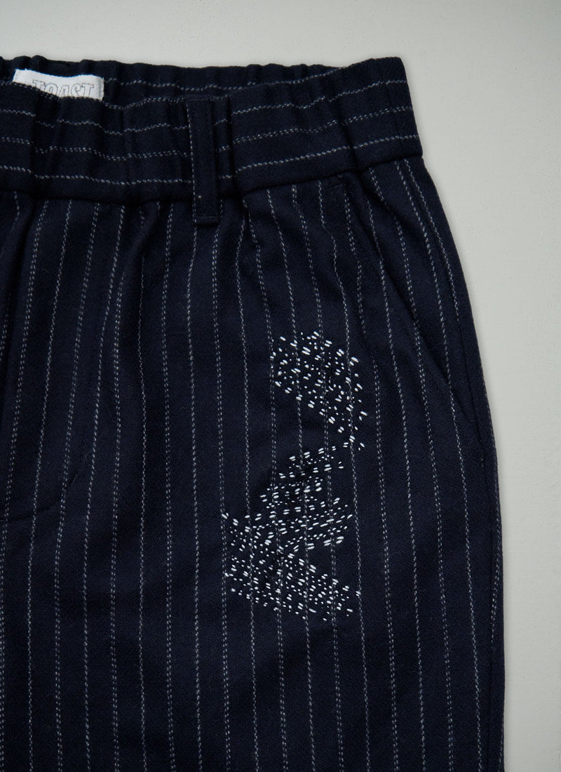 Renewed Gabi Pinstripe Wool Cashmere Pull on Pants Size 12 (55) | Navy