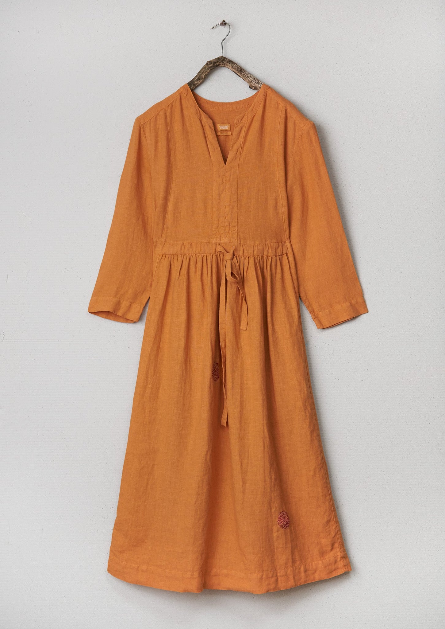 Renewed Gathered Garment Dyed Linen Dress S (003) | Apricot