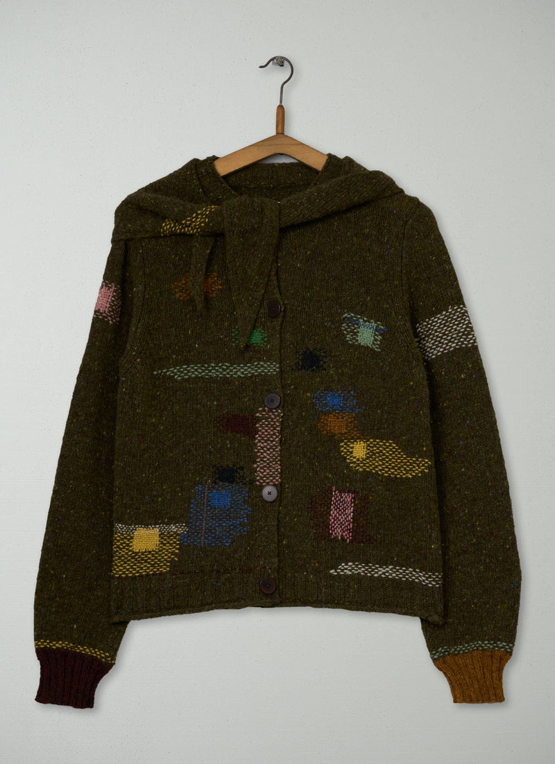 Renewed Donegal Merino Neckerchief Cardigan Size S (151) | Darkest Olive