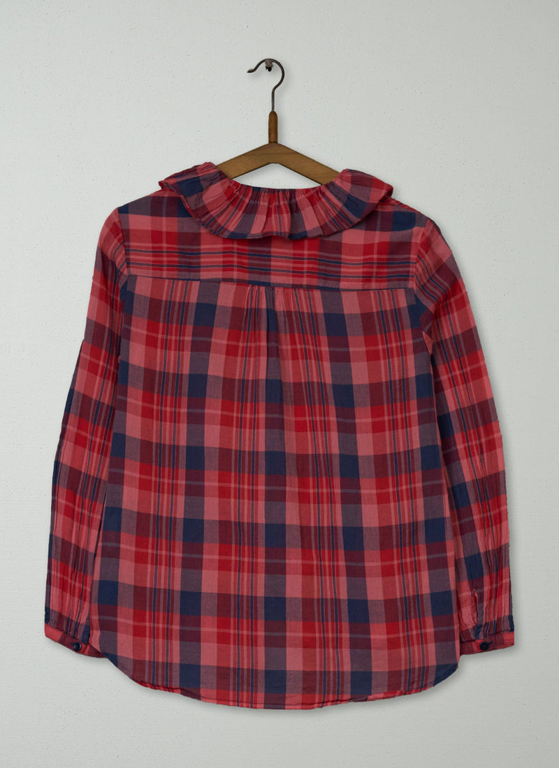 Reworn Ruffle Neck Cotton Shirt Size 6 (1007) | Raspberry