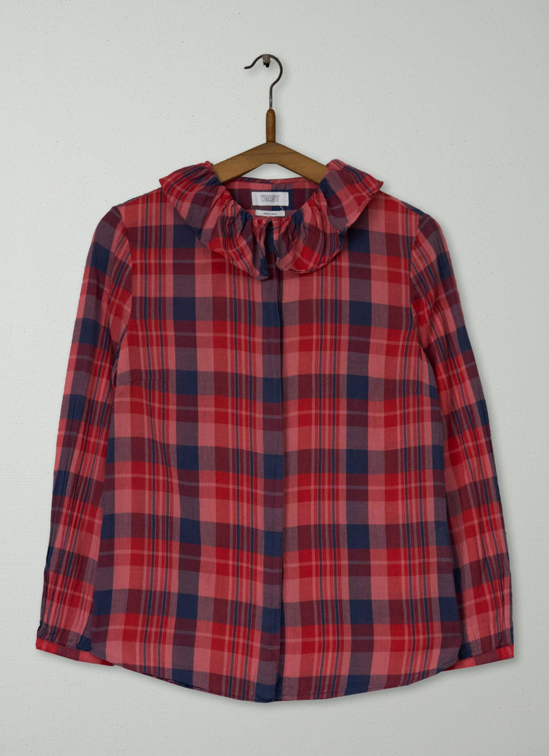 Reworn Ruffle Neck Cotton Shirt Size 8 (1243) | Raspberry