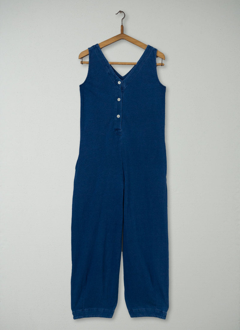 Reworn V Neck Cotton Jumpsuit Size L (1349) | Washed Indigo