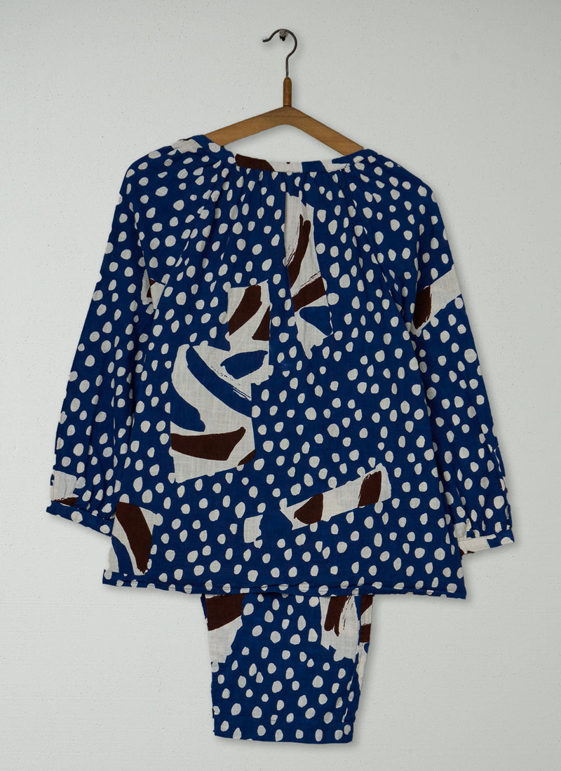 Reworn Painted Patchwork Print Cotton Pajamas Size S (254) | Washed Blue