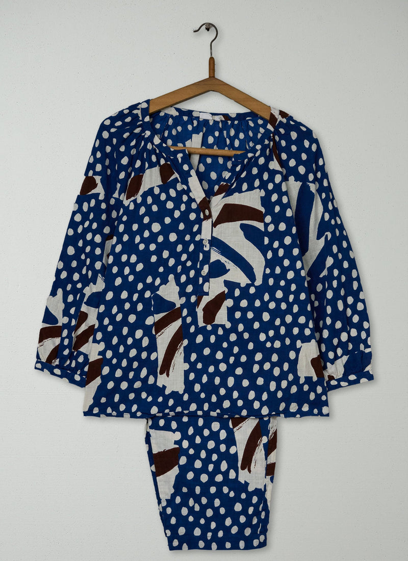Reworn Painted Patchwork Print Cotton Pajamas Size S (254) | Washed Blue